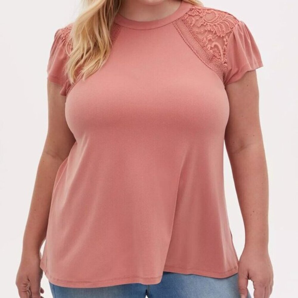 Torrid Plus Size Peach Studio Crepe Jersey Mock Neck Lace Inset Top 0X